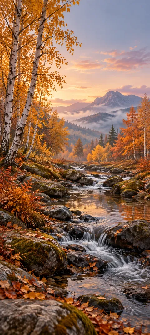 A narrow stream winds between amber birches and russet leaves.