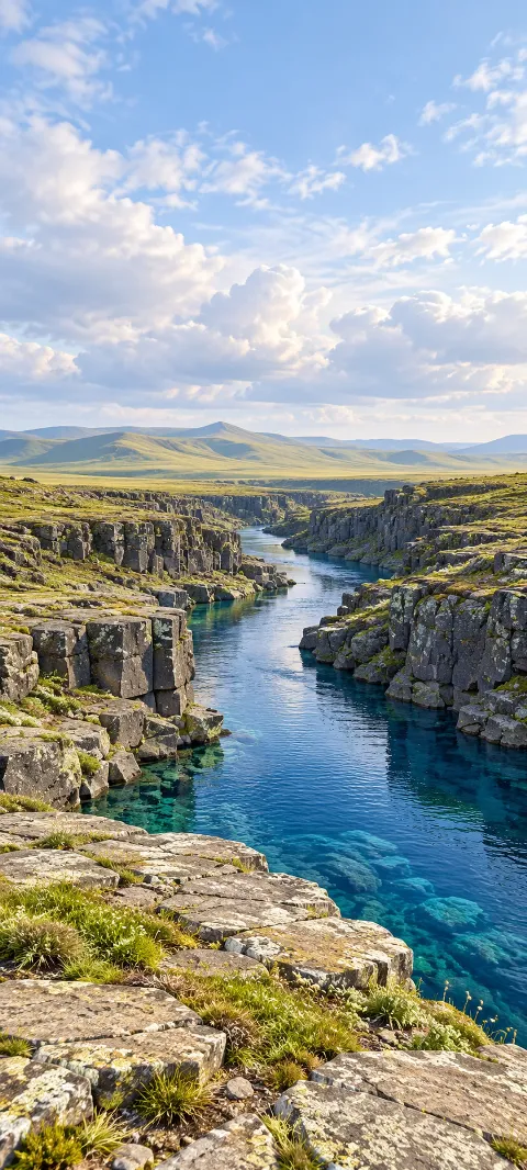 Clear blue river between basalt walls beneath yellow-green hills and soft clouds.