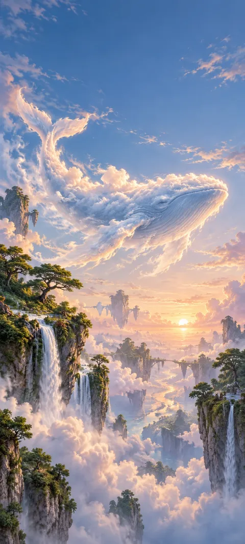 A gentle cloud whale moves between floating cliffs.