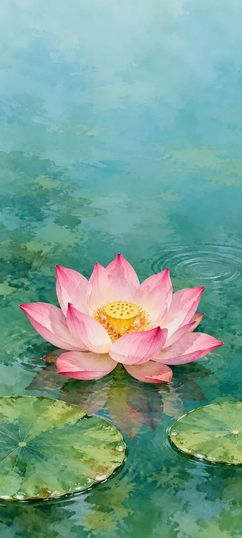 Pink lotus with a golden center and broad lily leaves floating on blue-green watercolor water.