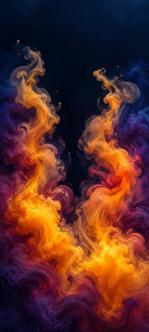Two golden saffron ink plumes curling upward through plum and navy.