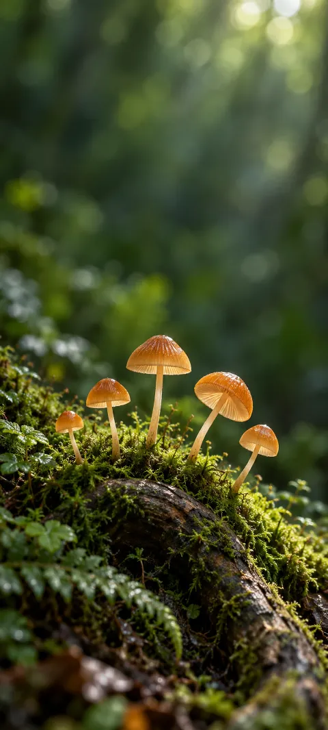 Five small amber mushrooms with slender stems growing in moss on a curved root.