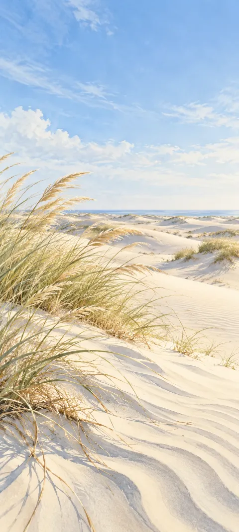 Pale dune grasses and rippled cream sand under a soft blue sky.