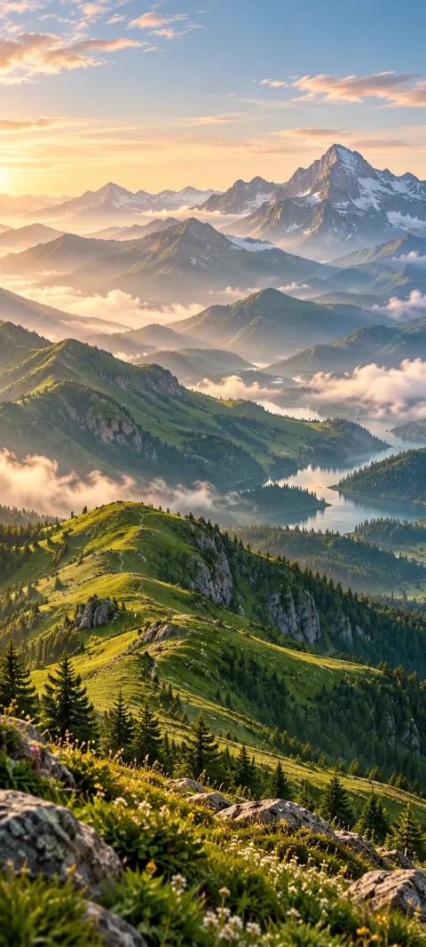 Green mountain folds recede beneath soft cloud.