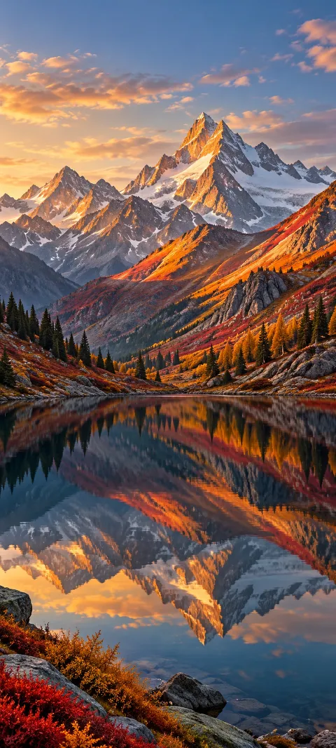Red and gold slopes reflect in a mountain lake.