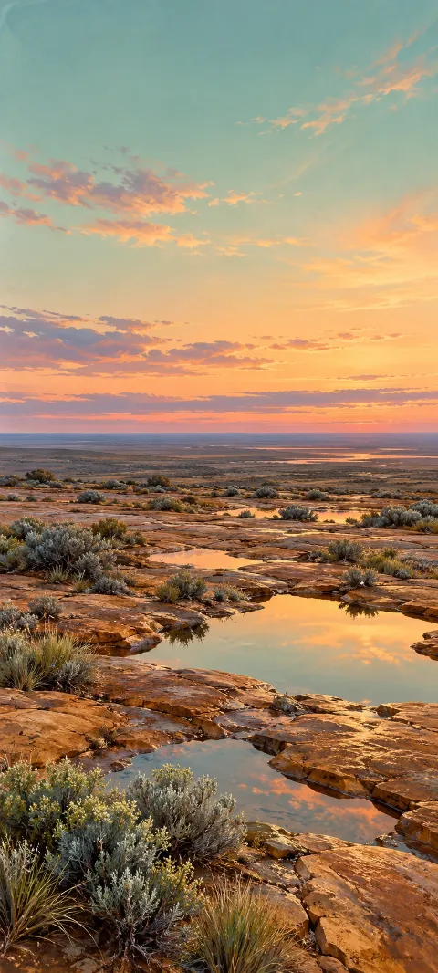 Twilight reflected in shallow pools among ochre rock and silver sage.