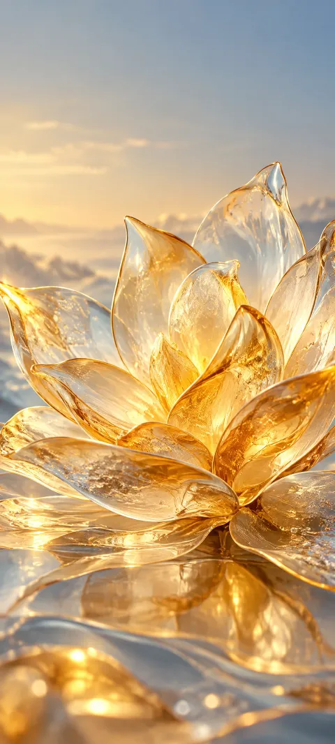 Overlapping translucent amber glass petals with warm reflections.