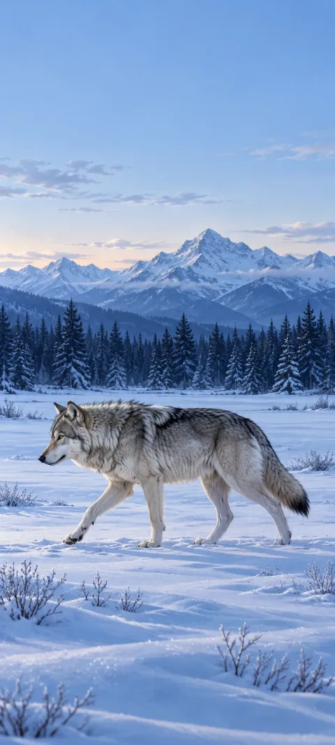 A whole silver-gray wolf walking left across a blue snowfield with pines and mountains behind.