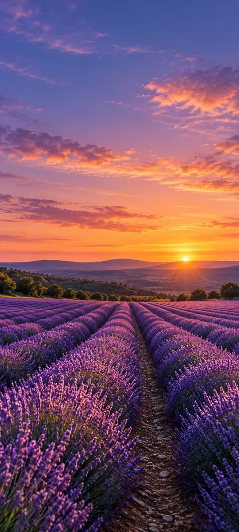 Lavender rows lead toward low hills beneath a wide evening sky.