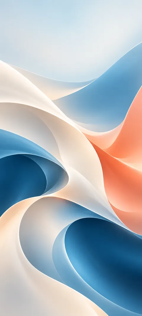 Pearl curves interlock with blue and coral abstract planes.