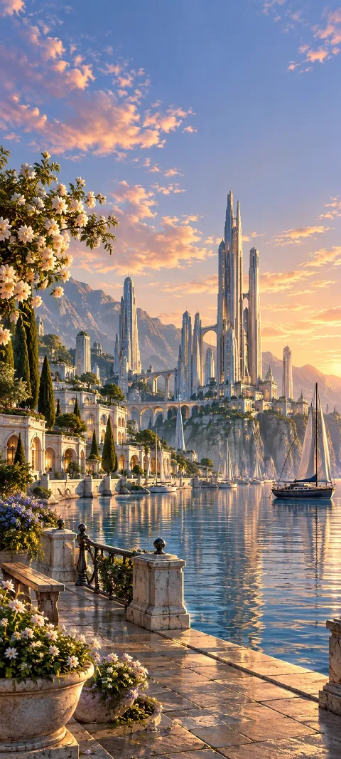 Silver towers rise behind a harbor promenade.