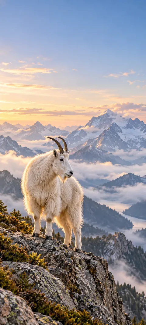 A mountain goat stands on a rocky high ridge.