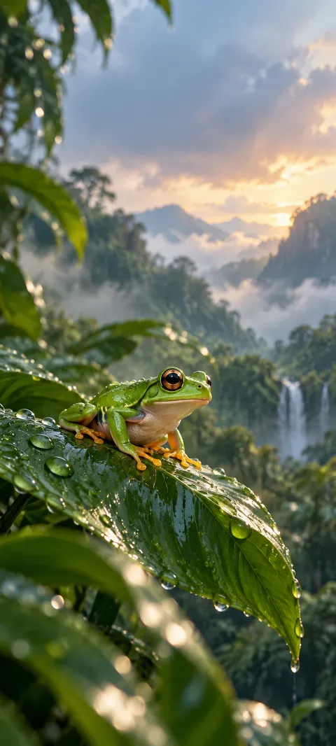 A green tree frog sits on a rain-bright leaf.