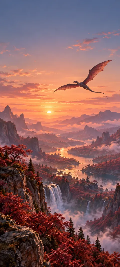 A distant winged creature circles a rosewood valley.