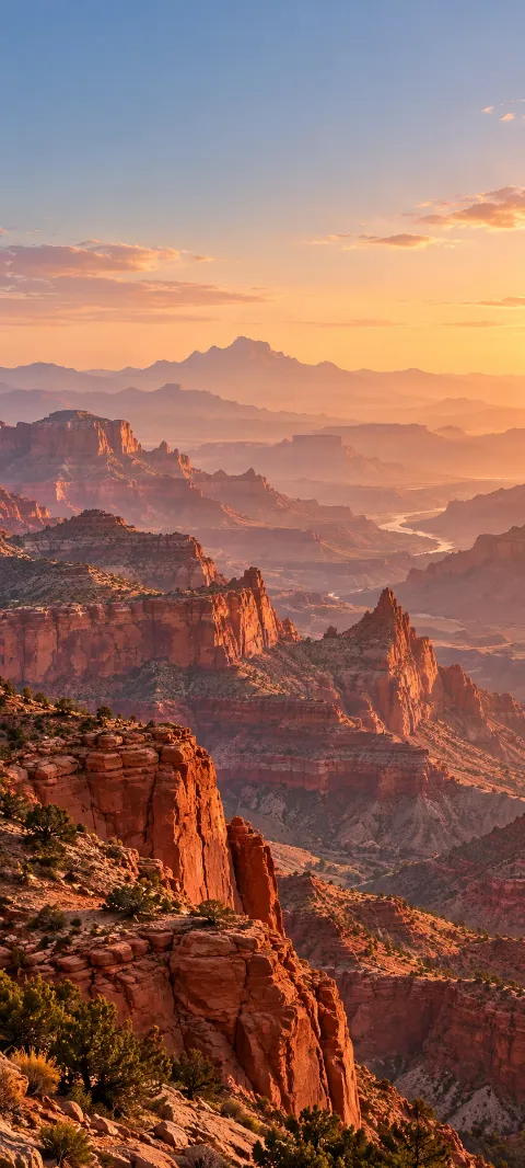 Layered red canyon peaks fade into warm dusty distance.