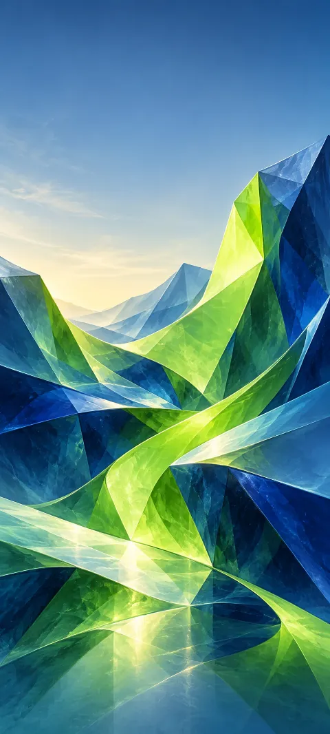 Lime and cobalt planes fold into a flowing faceted structure.