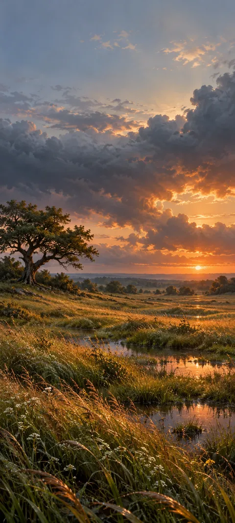 Wet meadow grasses and pools reflect copper light beneath storm clouds beside a gnarled tree.