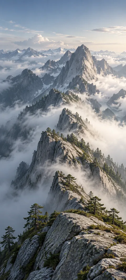 A granite ridge rises through bands of moving cloud.