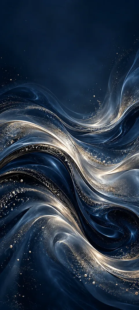 Silver layers pulse through a midnight blue field.