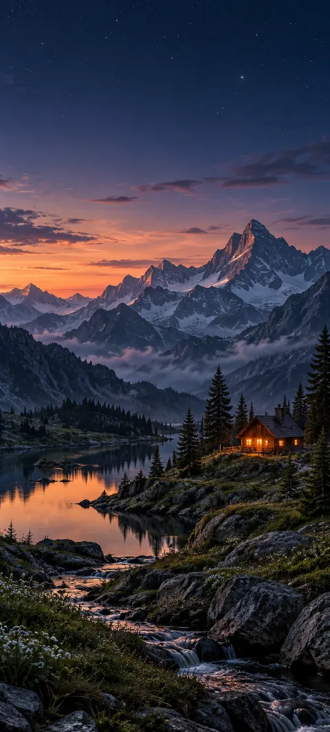 A warm cabin light glows below a dark ridge.
