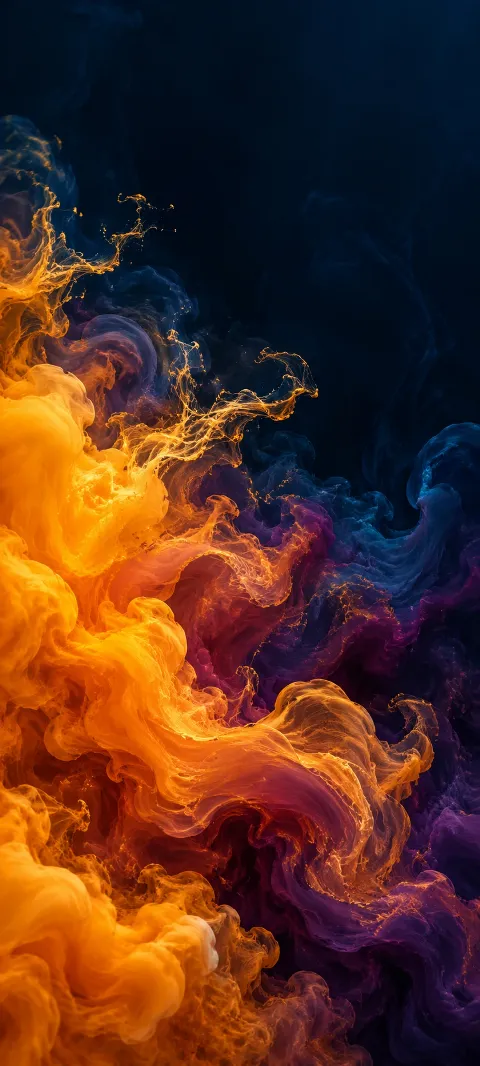 Saffron ink-like plumes curling through plum and navy abstract clouds.
