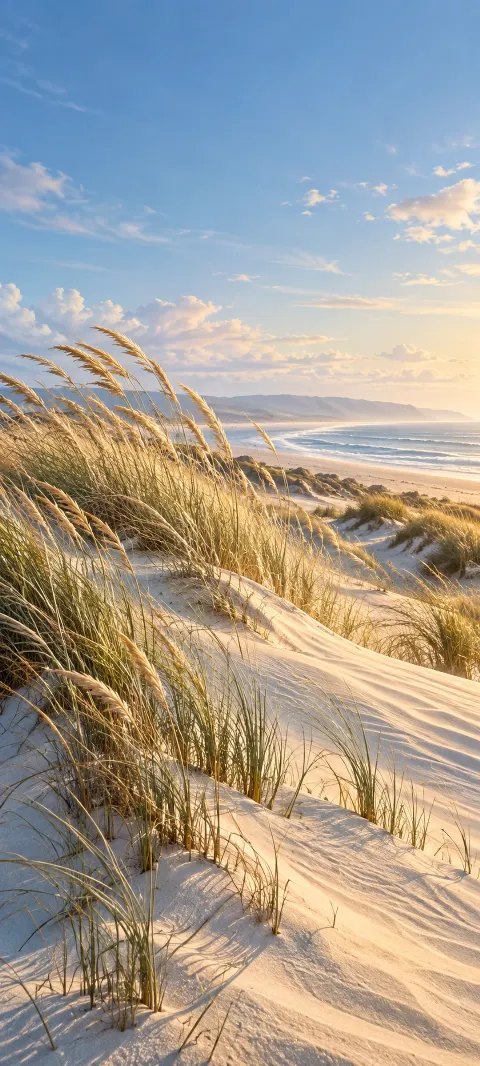 Golden grass on sunlit dunes overlooking a wide beach.