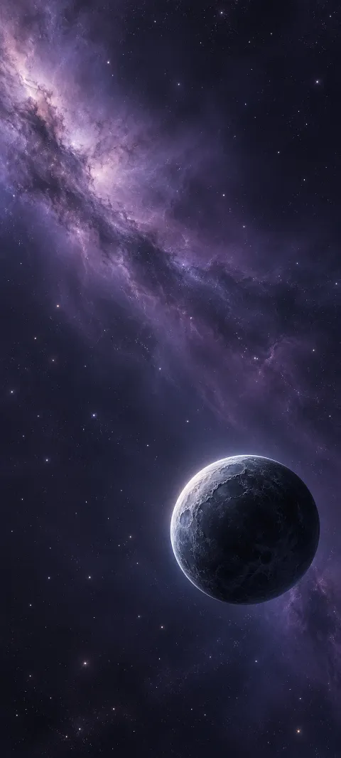 Small dark icy world with a pale crescent in a lavender nebula.
