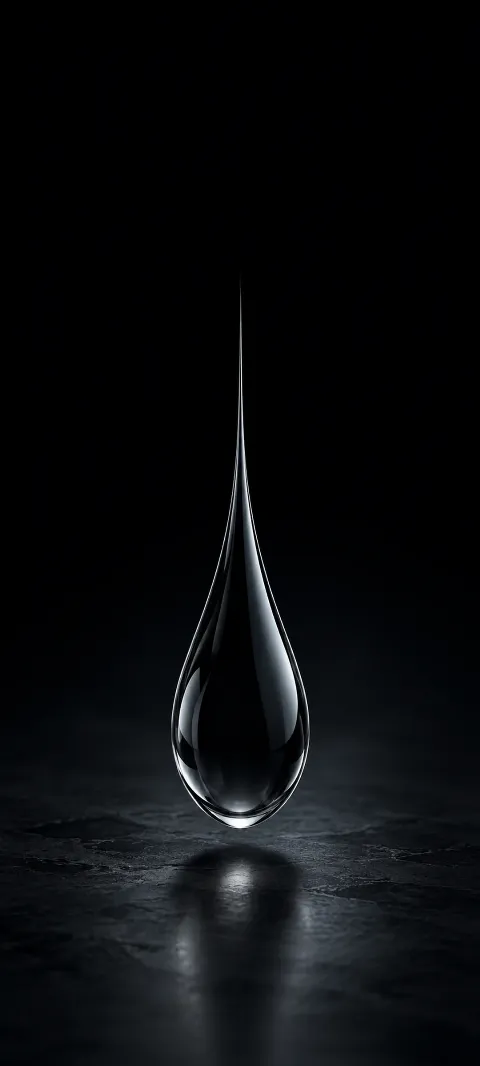 Dark glass droplet with silver edges suspended above charcoal slate.