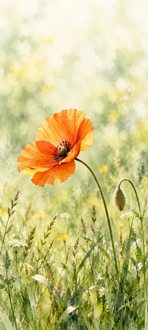 An orange poppy and curved bud above meadow grasses against soft pale green.