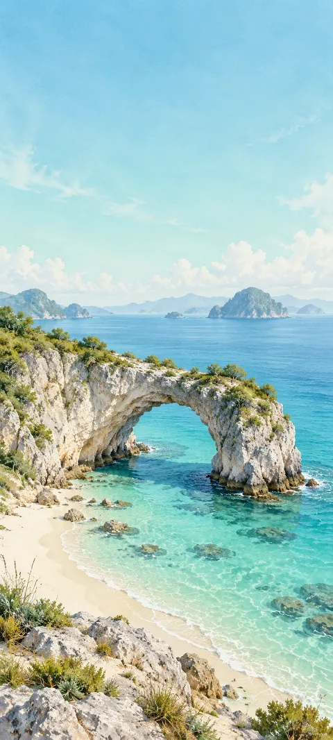 Limestone coastal arch over turquoise water with sandy shore and distant islands.