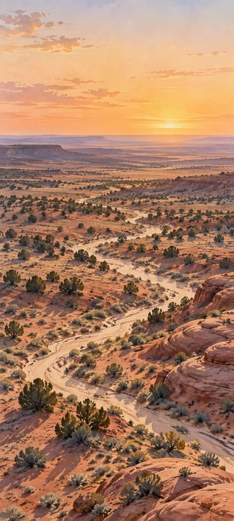 Winding sandy wash in a red desert basin with juniper shrubs and long shadows beneath apricot sky.