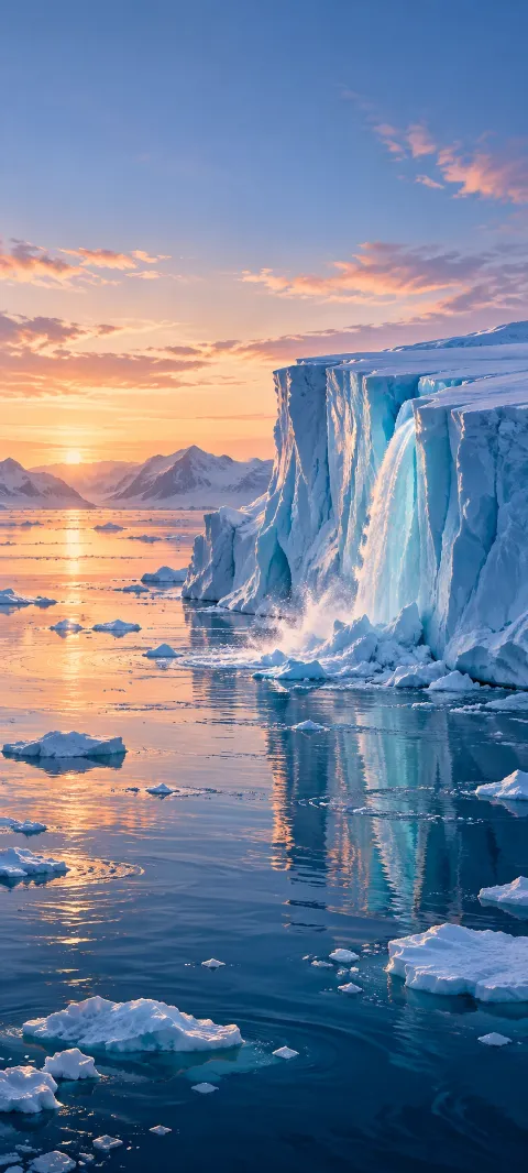 A blue glacier and ice shelf meeting a calm polar sea.