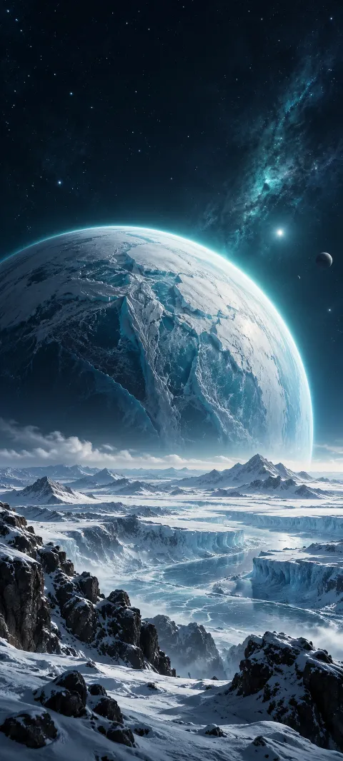 An icy planet with glacier ridges hangs above a frozen plain.