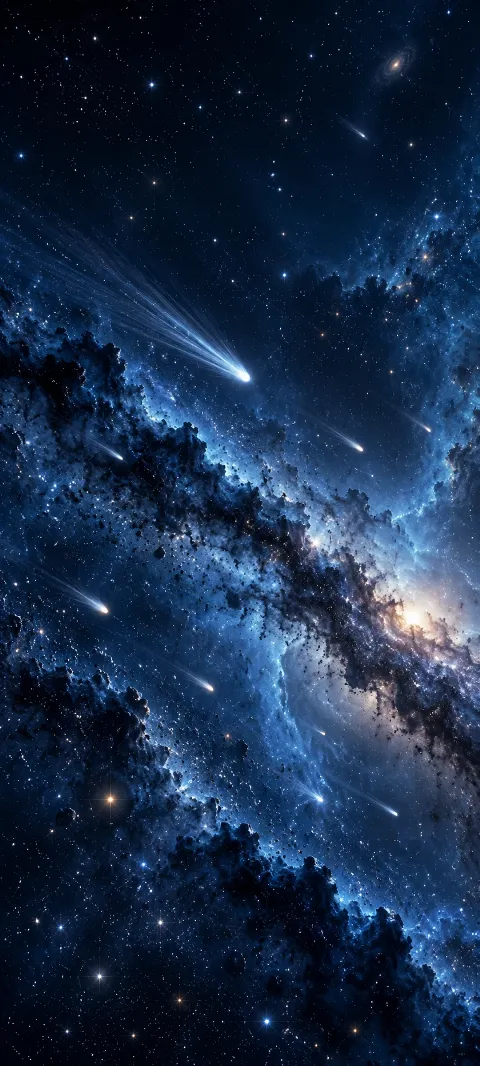 Tiny comets cross a calm field of blue dust.