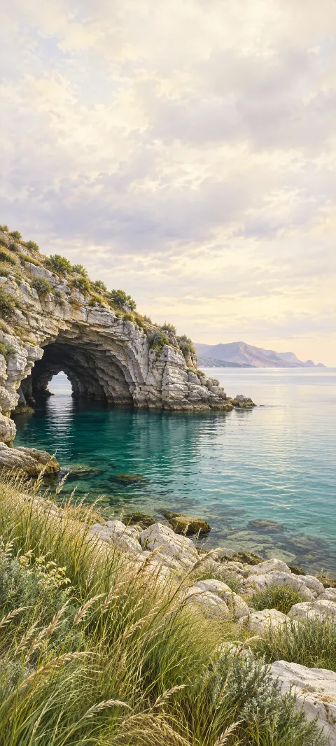 Layered sea cave beside jade water with shoreline grass and pale stones.