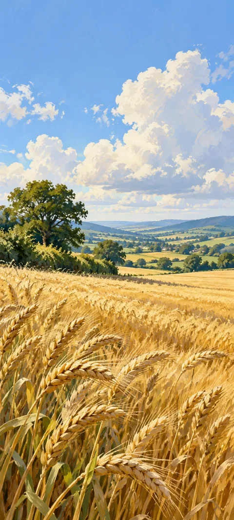 Golden wheat heads in the foreground of rolling fields under a blue sky with cream summer clouds.