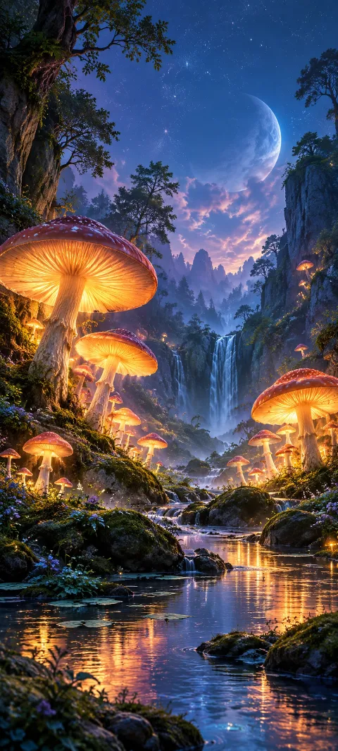 Luminous toadstools line a quiet forest glen.