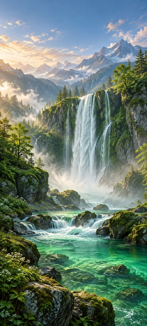 Broad waterfall falling from mossy cliffs into an emerald pool.