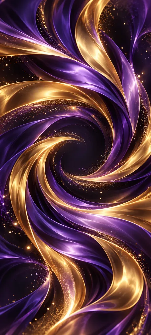 Violet and gold ribbons spiral around a dark center with glowing particles.