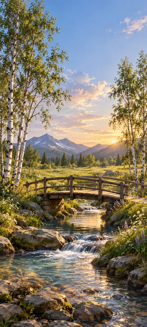 A wooden footbridge crosses a stream in a birch meadow.