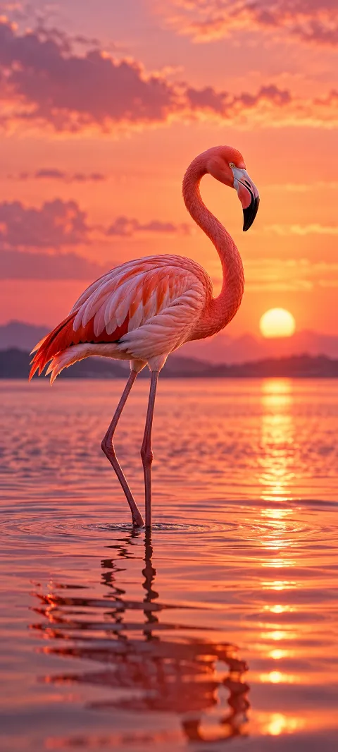 A flamingo stands in shallow rose-lit water.