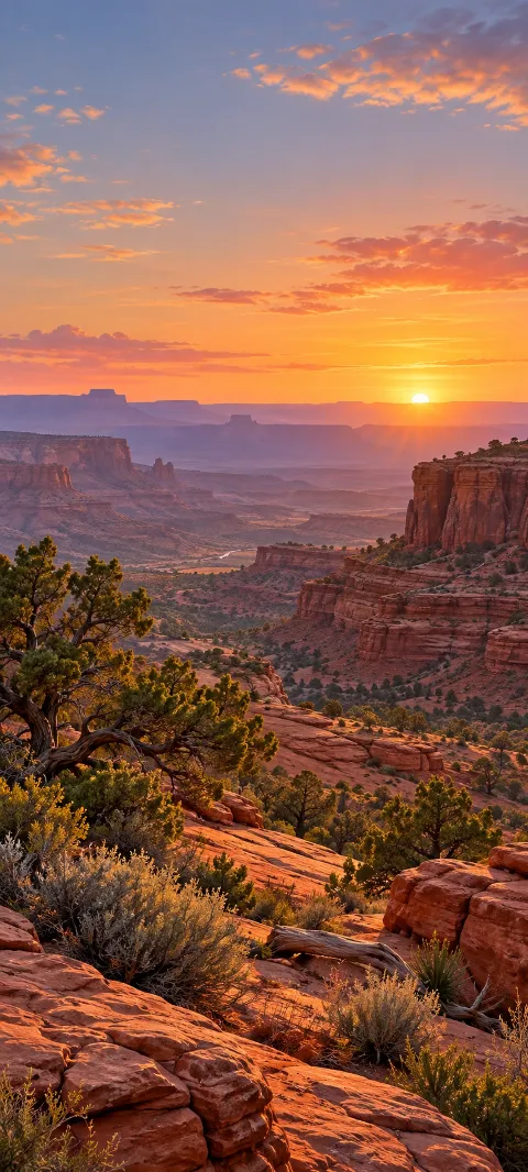 Juniper shrubs and red rock shelves form a quiet red-rock basin.