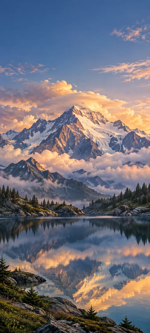 Clouds gather around a summit above a quiet lake.