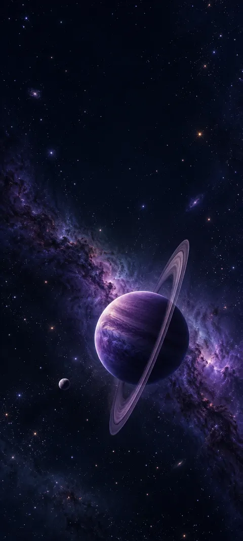 Purple ringed planet with steep rings, tiny moon, violet nebula, and stars.