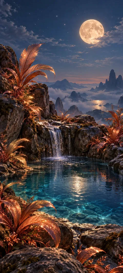 Copper-feathered plants surround a moonlit pool beneath a full moon.