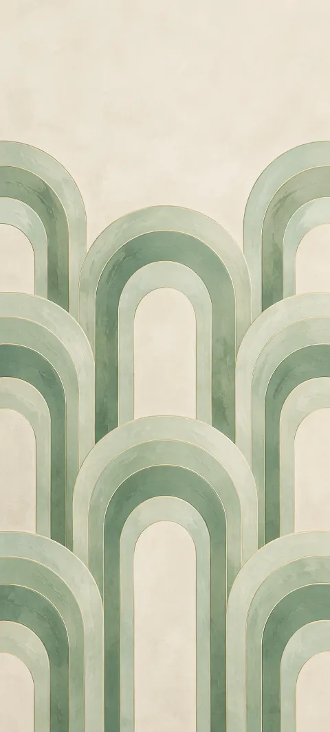Mint arches repeat across a warm ivory field.