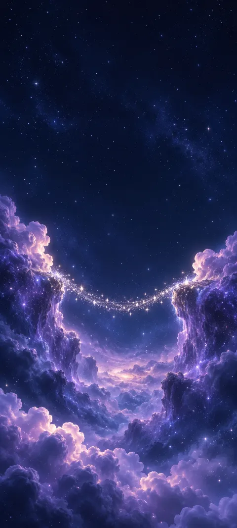 A curved silver star bridge between violet cosmic cloud banks beneath navy stars.