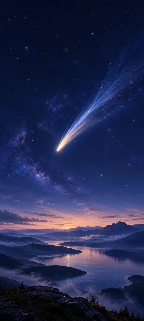 A luminous comet crossing an indigo starry sky above a shadowed lake valley.