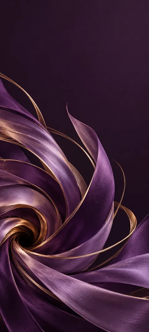 Violet fabric ribbons and fine gold strands spiraling around a dark opening.