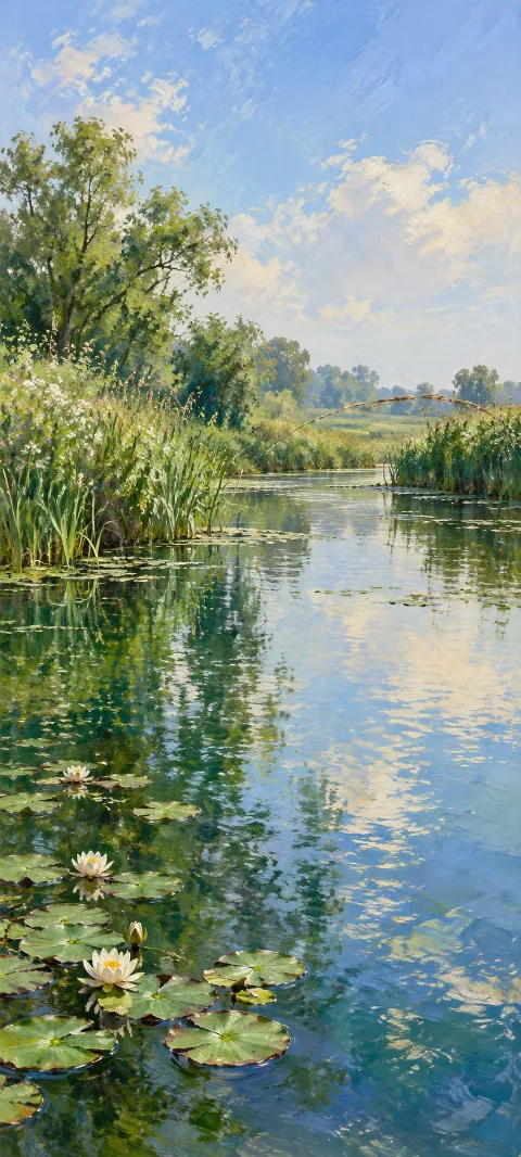 Pale water lilies on a green channel with blue painted reflections.